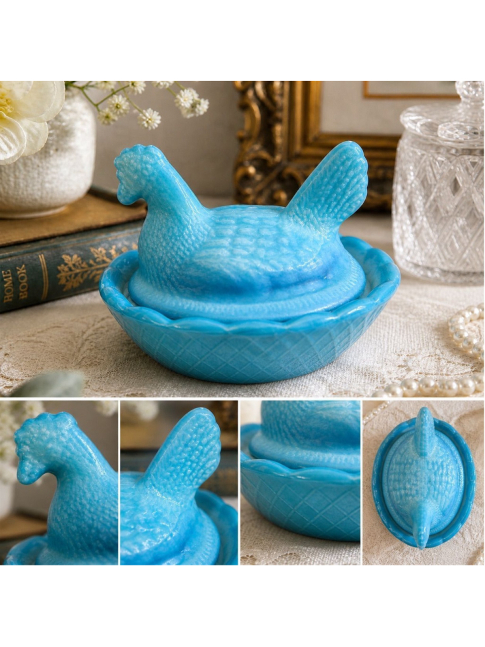 Vintage Blue Slag Glass Hen on Nest Salt Cellar | Marbled Chicken Dish | Farmhou